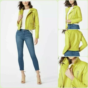 New Lovely Womens Lemon - Lime Yellow Short Faux Leather Moto Style  M - Picture 1 of 11