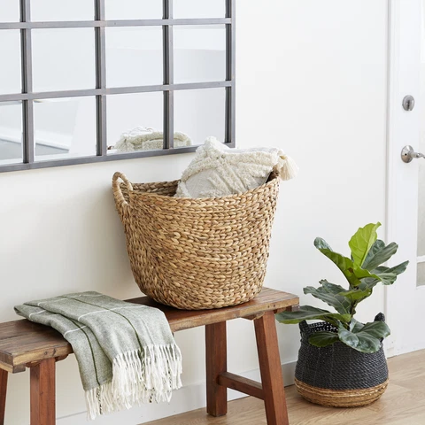 17" Decorative Wicker Basket Woven Water Hyacinth Coastal Farmhouse Style Brown Cover