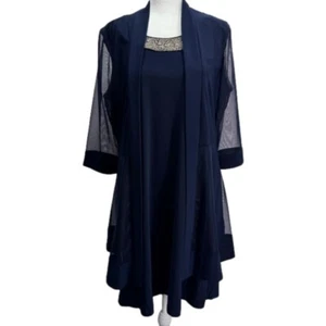 R&M Richards Navy Blue Dress Rhinestones Sheer Cardigan Wedding Mother of Bride - Picture 1 of 14