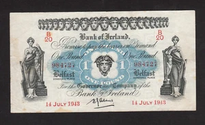 Irlanda del Norte 1 libra £1 (1943) P55 Banco de Irlanda signo H.J.Adams en estado bastante bueno+ - Imagen 1 de 2