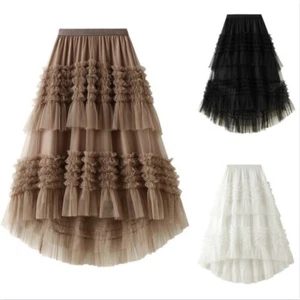 Damen Stufenrock Tutu Tüll Pettiskirt Midi Lagenlook Rüschen Swing High Waist - Bild 1 von 15