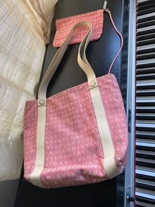 BVLGARI MONOGRAM PINK WHITE FABRIC BEIGE LEATHER BAG SHOUDER SLING STRAP TOTE - Picture 1 of 11