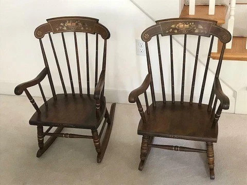 Matching Pair Vintage S. Bent & Brothers Colonial Maple Childs Rocking Chairs Cover