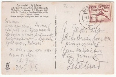 Postal de Alemania para los Juegos Olímpicos de Verano de 1936 con sello #614 a Letonia -4.8.36 Foto 1 de 2