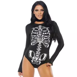Skeleton Costume Bone Print Bodysuit Long Sleeves Stretch Black Romper 558737 - Imagen 1 de 5