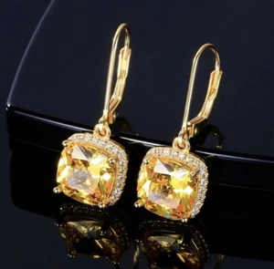 18k Gold Filled Citrine Stone With Pave Zirconia Stunning Earrings - Picture 1 of 7