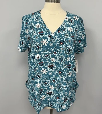 NWT Buttersoft Scrub Top L Teal Printed Winter Snowflake Emojis Scrubs Uniform - Image 1 of 4