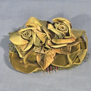 Vintage Hair Fascinator Green Floral Netting Silk Millinery and Velvet Ribbon - Picture 1 of 13