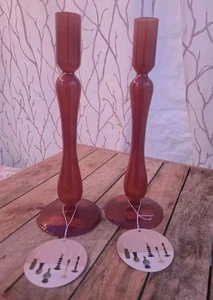 2- Vintage Design Art Candlestick Amber   Glass Candle Holders Elegant 11" MCM - Picture 1 of 8