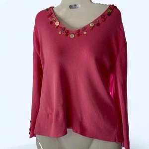 Pink long sleeve sweater w colored buttons on neckline & slit sleeves M Kikit - Picture 1 of 4