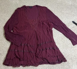 Panitti Damen große Burgunder Crinkle Lagenlook Spitze Langarm Bluse Tunika - Bild 1 von 8