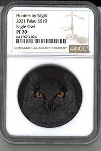 2021 Palau Hunters by Night Eagle Owl 2 oz Silver Obsidian Coin NGC PF 70 - Picture 1 of 8