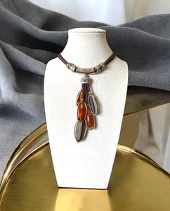 CHICOS Silver Toned Statement Necklace Neutral Stone & Silver Bead Embellishment - Picture 1 of 5