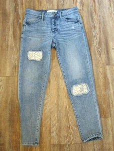 TREASURE & BOND Girlfriend Fit Jeans Girl Size 14 Blue Sequin Patch Distressed - Picture 1 of 12