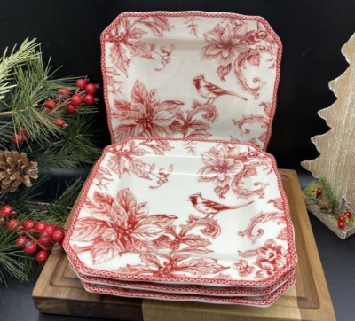 222 Fifth Fine China Salad Plates 8.5" sq Christmas Lane Cardinal (Set of 4) NEW