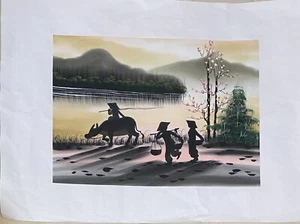 Oil On Silk Oriental Painting Unframed Work 12 X 8.25” Portrait Landscape Dusk - Picture 1 of 5