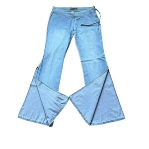 Bebe Vintage Y2K Low Rise Split Flare Leg Jeans SZ M Side Tie Side Zipper Boho - Picture 1 of 9