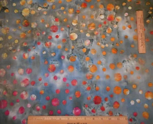 Batik Fabric 7/8 Yard Yellow Pink Orange Dots on Dusty Blue Green Cotton 30M Vtg - Picture 1 of 2