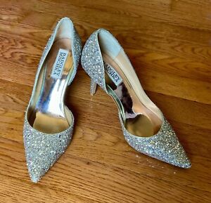 Badgley Mischka Daisy Silver Glitter Half d'Orsay Heel Dress Pump Shoe Size 5