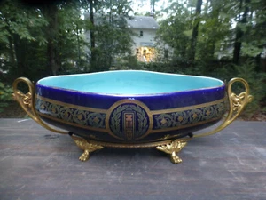 Antique French Sevres style Porcelain Blue Centerpiece Bronze Gilt Footed Stand - Picture 1 of 7