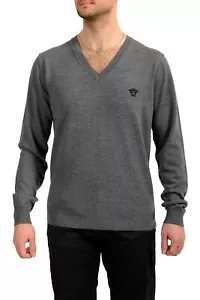 Versace Men's Gray Logo Embroidered 100% Wool V-Neck Sweater US XL IT 54 - Picture 1 of 6