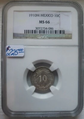 MONEDA DE 10 CENTAVOS MÉXICO 1910M, CERTIFICADA SIN CIRCULAR NGC MS66 Foto 1 de 4