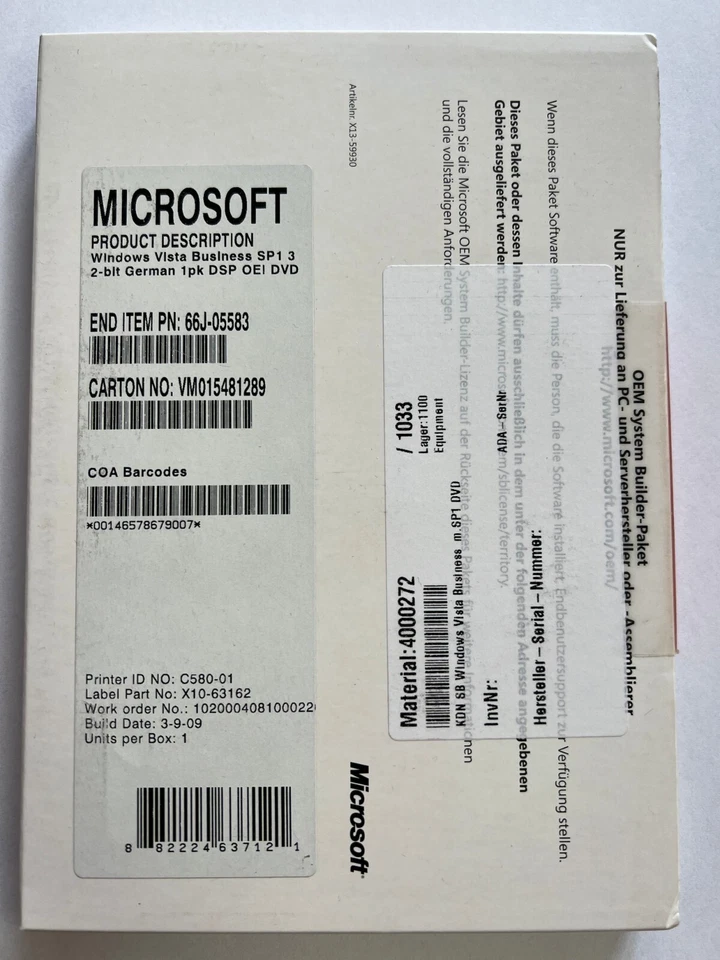 Microsoft Windows Vista Business 32 Bit SP1 System Builder deutsch 66J-05583 - Bild 1 von 1