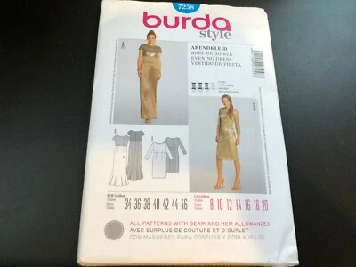 Burda Style Pattern 7258 Ms Slim Silhouette Cocktail~Evening Dress w/Opts 8-20 - Image 1 of 2