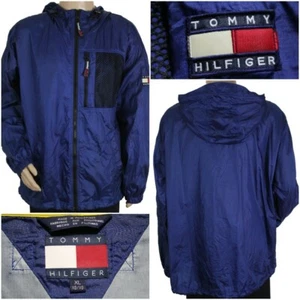 Vintage 90's TOMMY HILFIGER Men's XL Blue Full Zip with Hood Jacket Rain Coat - Picture 1 of 12
