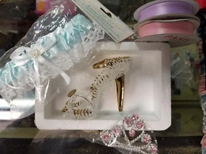 Wedding Supplies (Lace Garter, Glass Slipper, Tiara Hair Comb Piece, Ribbon) - Picture 1 of 6