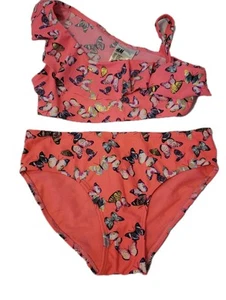 H & M Girls Sz 8/10 Two Piece Swimsuit Pink Butterfly Ruffle Top - Picture 1 of 3