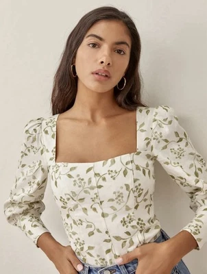 Blusa blanca manga larga ajustada de lino Reformation Stilton talla 0 Foto 1 de 4