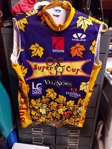 VOLER purple /yellow CYCLING JERSEY SHIRT~Back Pockets~noSleeve~Adult Grover - Picture 1 of 2