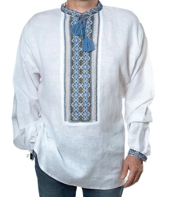 VYSHYVANKA Mens Ukrainian Embroidery LINEN Blue Yellow S-4XL Ukraine hemstitch - Image 1 of 4