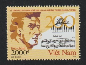 Estampillas de Vietnam 2010 compositor Frédéric Chopin Scott # 3379 MNH - Imagen 1 de 1