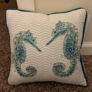 Coastal Collection Seahorse Beads Sequins Pillow 12x12 Blue Aqua Cream Color - Picture 1 of 4