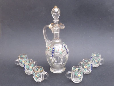 Ancien service à digestif à liqueur à kirsch en verre émaillé - Photo 1/4