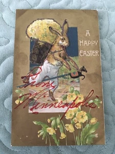 Feliz Pascua Antigua Postal Alemania Conejo Conejo Brillo En Relieve - Imagen 1 de 4