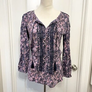 Lucky Brand Pink Purple Linen Blend Embroidered Peasant Top- SZ M - Picture 1 of 9