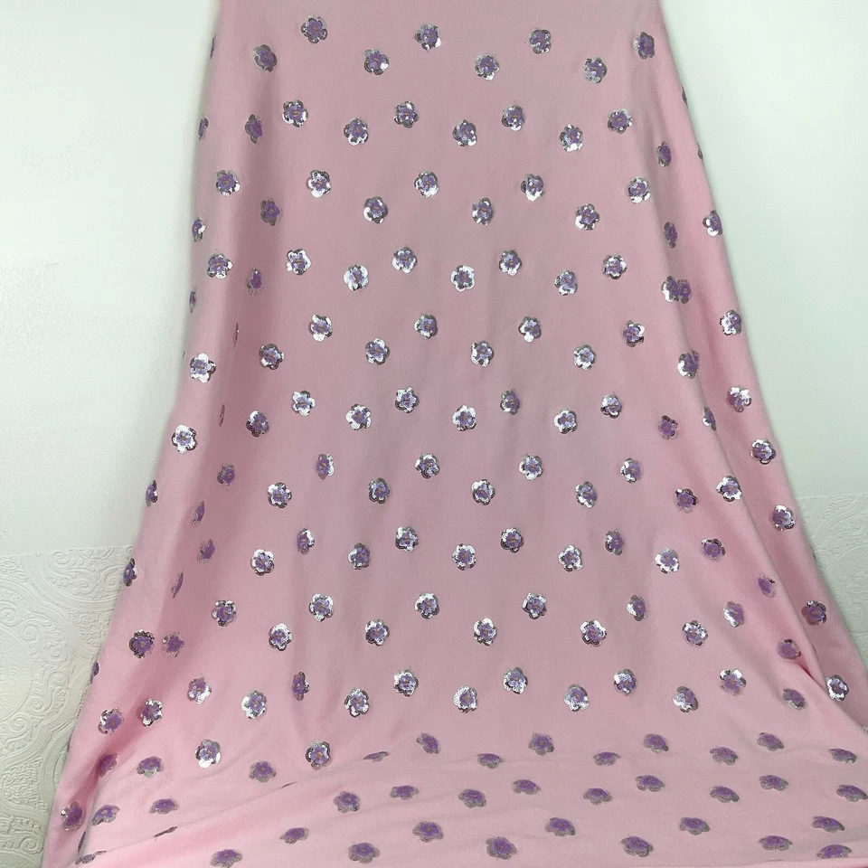 Pink floral sequined sweatshirt knit fabric 64” x 44” purple silver - Image 1 of 4