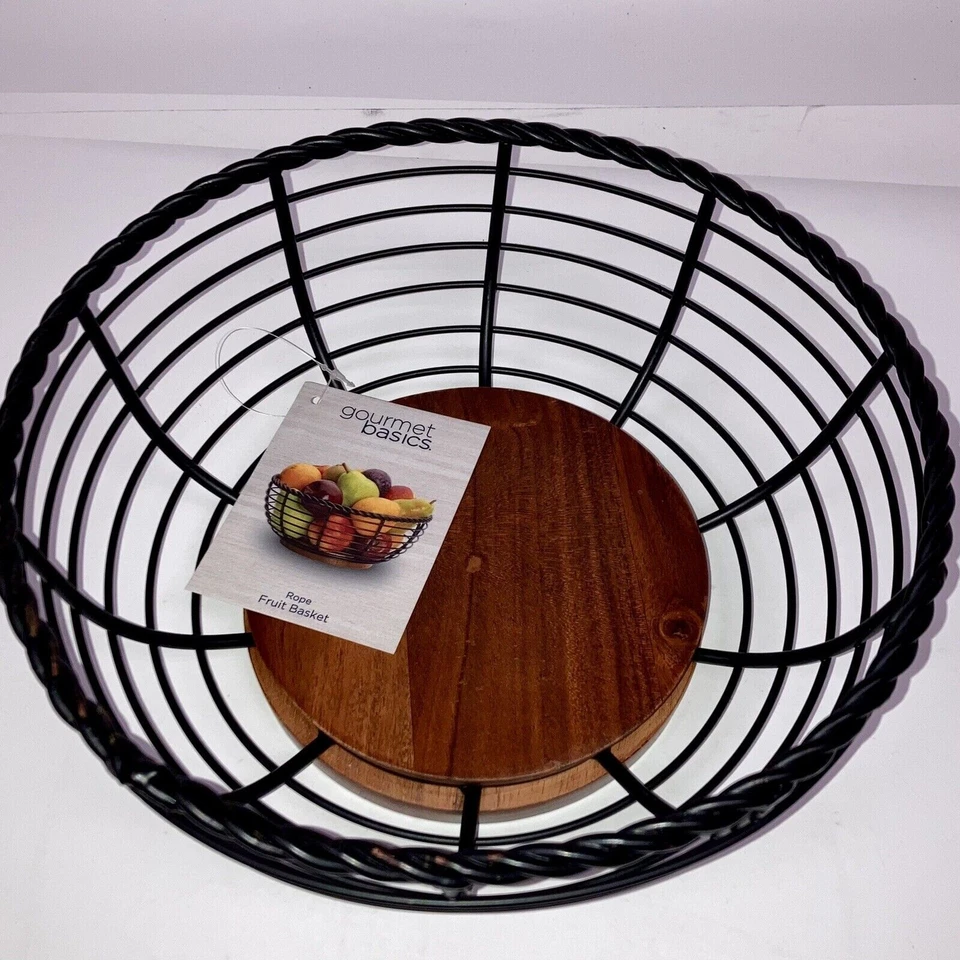 Mikasa Gourmet Basics Wrought Iron & Acacia Wood Rope Round Fruit Basket 5”x11” - Image 1 of 4