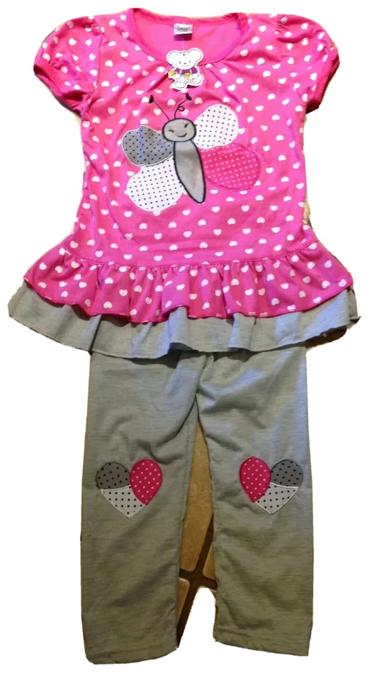 全新带标签 女孩 蝴蝶 波尔卡圆点 荷叶边束腰外衣 心形 灰色 带打底裤 生日 2T — 第 1/4 张图片