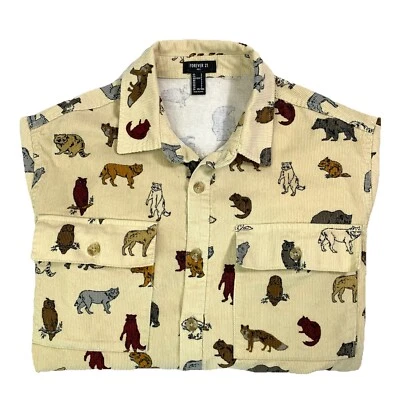 Forever 21 Mens Sz S Corduroy Shirt 2 Pockets Woodland Animals Beige Button Up - Image 1 of 4