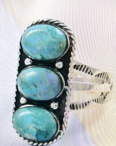 Natural Kingman Turquoise 3 Stone Ring in Sterling Silver 7.00 ctw - Picture 1 of 10