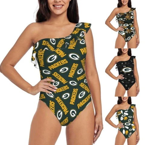 Green Bay Packers One Shoulder Ruffle Swimsuits Sexy Women's Bikini Swimsuit Cover