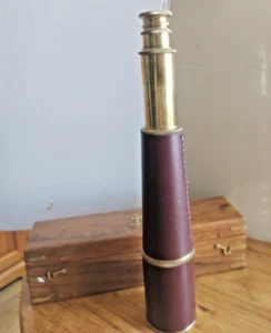 NAUTICAL SPYGLASS  STYLE  BRASS Leather Bound TELESCOPE Nautical  Wooden Box - Picture 1 of 20