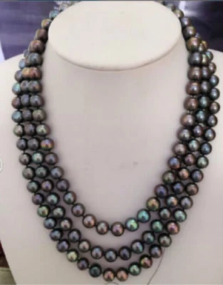 Collar triple hebras 18"19"20"8-9mm natural tahitiano genuino perlas negras 14k Foto 1 de 2
