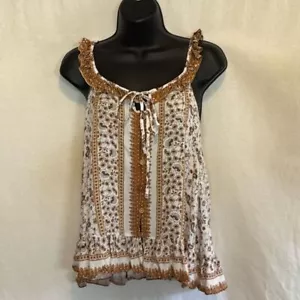 A-193 Ces Femme White & Brown Ruffle Racer Back Sleeveless Blouse Size M - Picture 1 of 13