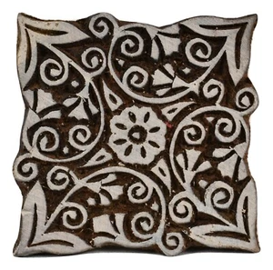 Floral Square Wooden Stamp 7.5cm Indian Hand Carved Printing Block - Picture 1 of 3