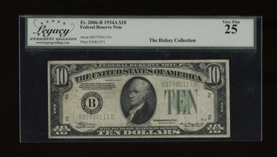 DBR 1934-A $10 FRN New York Fr. 2006-B Legacy 25 Serial B37790111D - Image 1 of 2